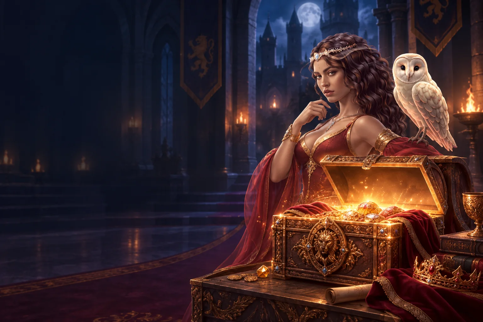 Fantasy-Herrscherin mit Eule vor einer leuchtenden Belohnungstruhe