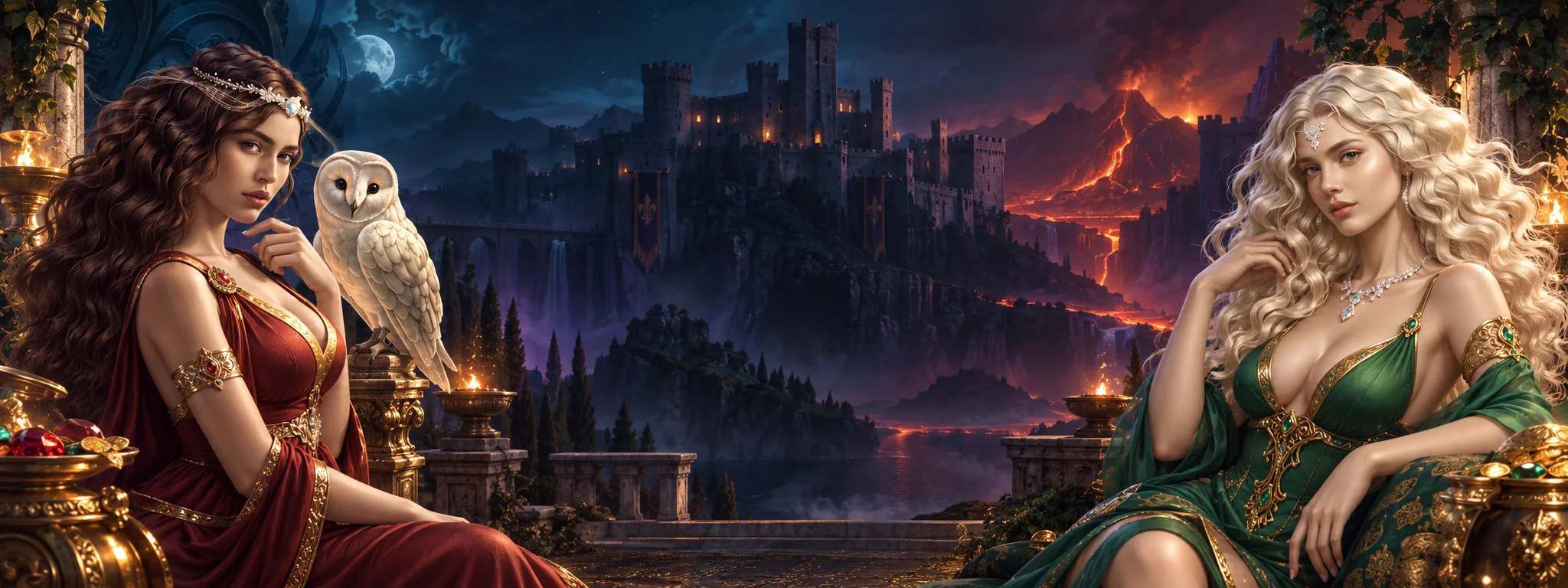 Nächtliche Schlosswelt mit zwei Fantasy-Figuren und einer Eule