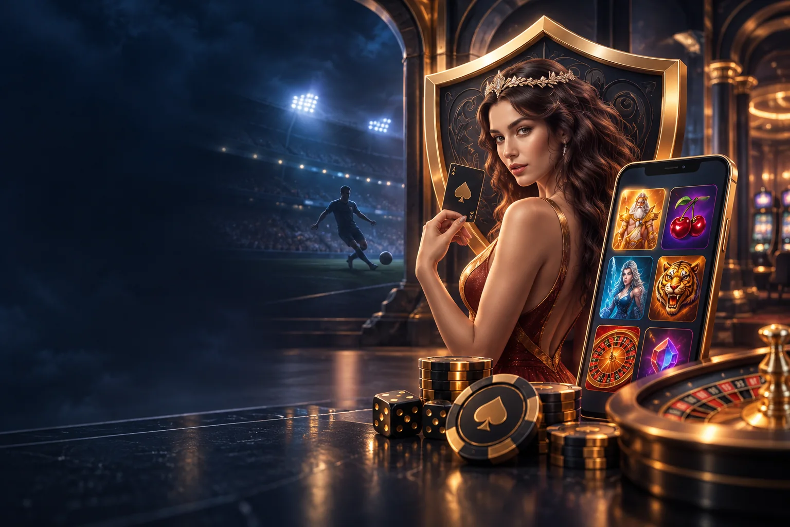 Casino-Lobby mit Smartphone, Schild und Sportarena