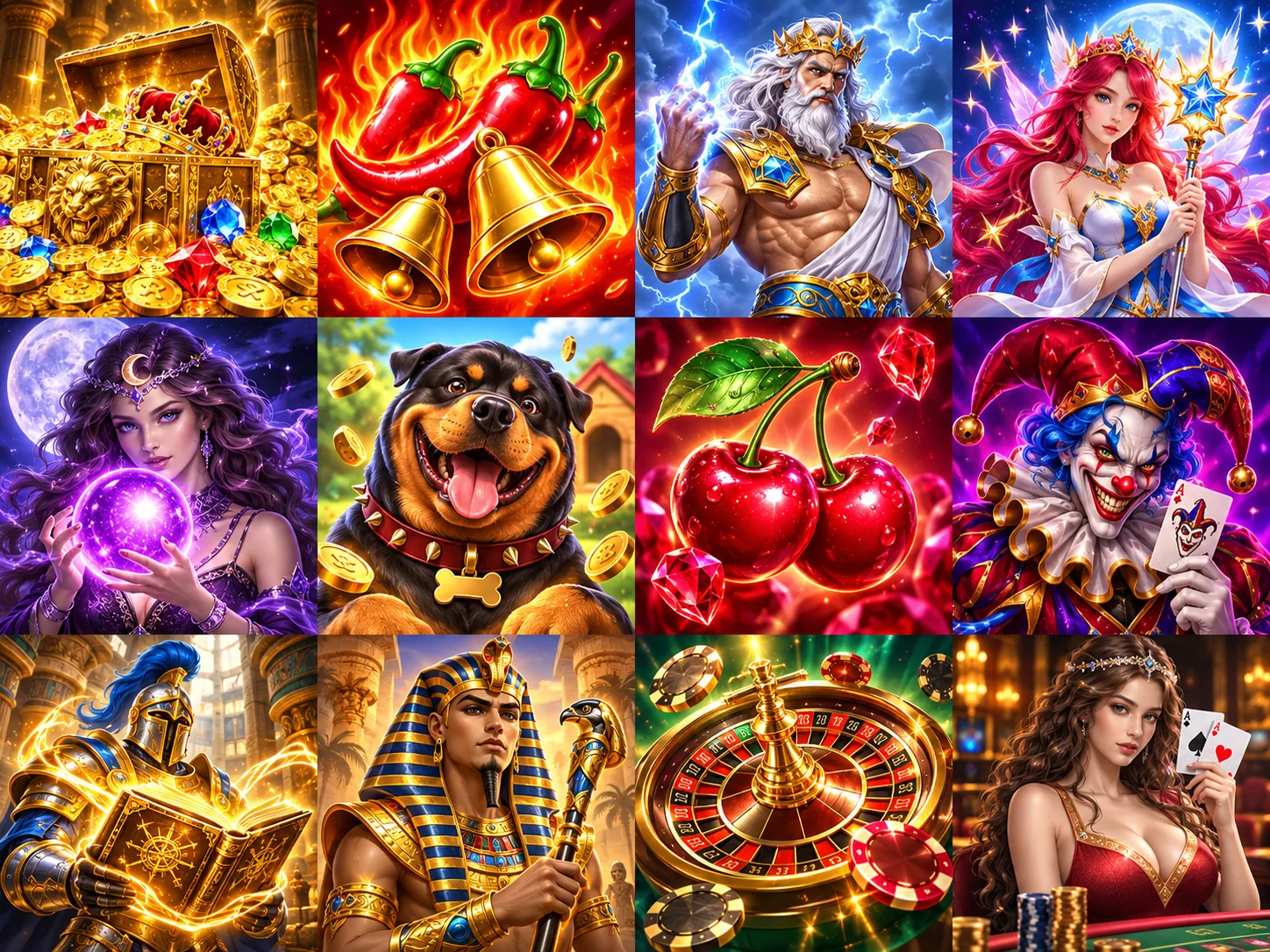 Zwölf farbige Fantasy-, Frucht-, Book- und Live-Casino-Motive